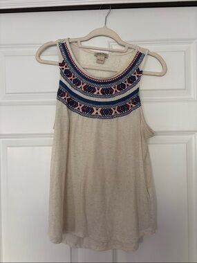Lucky Brand Cream Tank with Blue & Red Embroidered Yoke